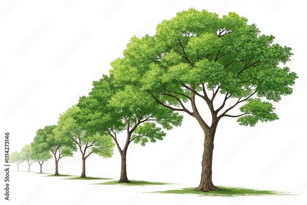A Row of Lush Green Trees on a White Background, Ideal for Landscaping Designs and Nature-Themed Projects A Row of Lush Green Trees on a White Background, Ideal for Landscaping Designs and Nature-Themed Projects