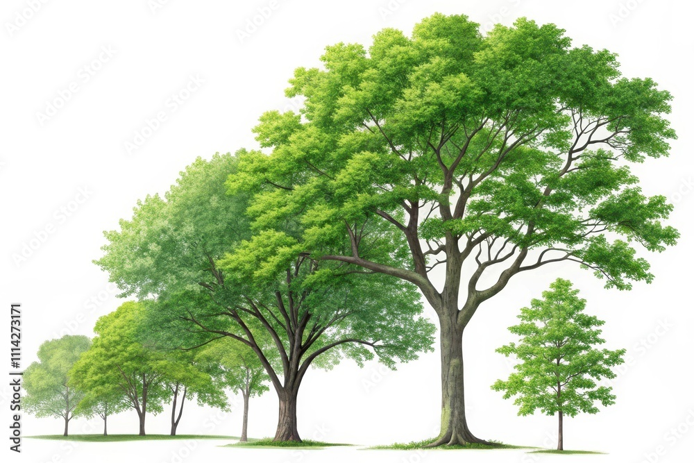 Lush Green Trees in a Row, Displaying Various Sizes and Growth Stages Lush Green Trees in a Row, Displaying Various Sizes and Growth Stages
