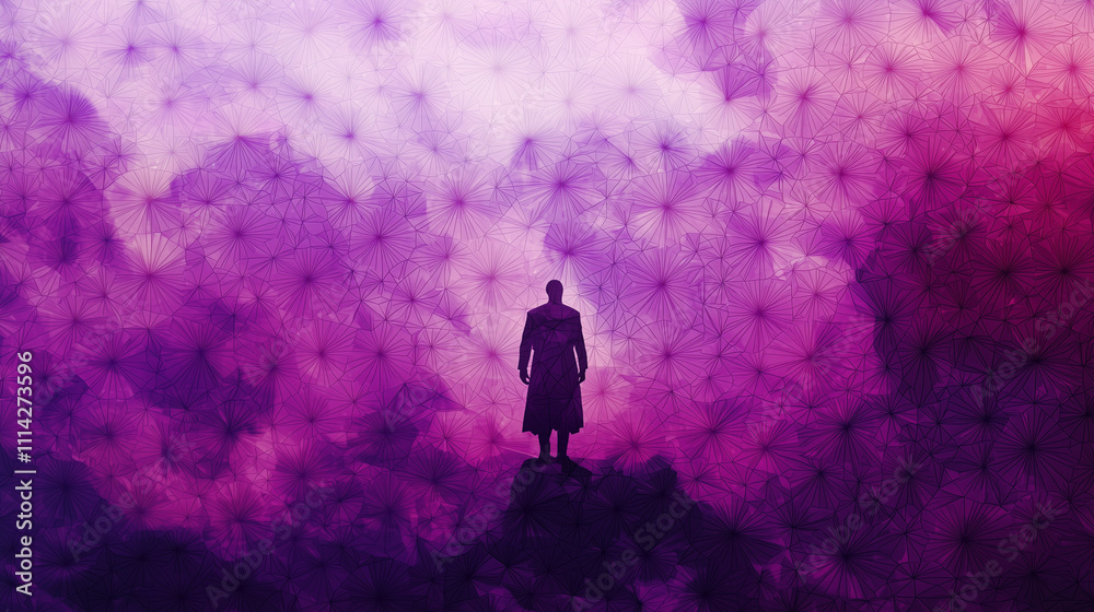 Fototapeta premium Silhouette of a man standing against an abstract purple gradient background with geometric patterns