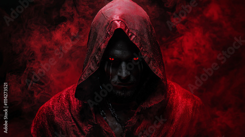 Dark hooded figure with glowing red eyes emerging from dense red smoke, mysterious and sinister