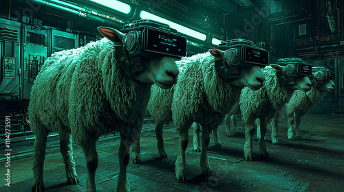 Futuristic sheep wearing VR headsets in a neon-lit industrial setting, symbolizing technology and conformity photo