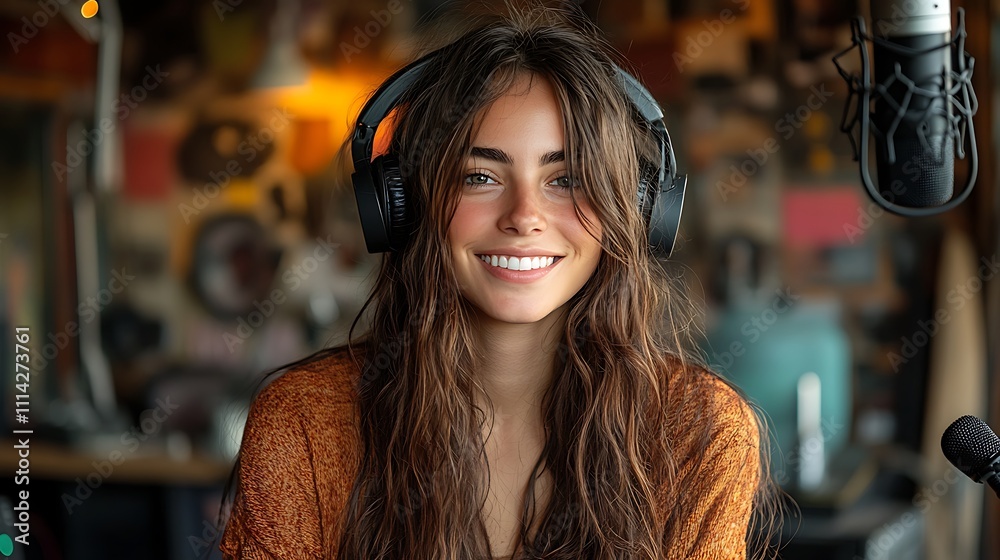 Vibrant podcasting scene with a woman recording audio with a microphone in a creative space decorated with tech gadgets and decor Vibrant podcasting scene with a woman recording audio with a microphone in a creative space decorated with tech gadgets and decor