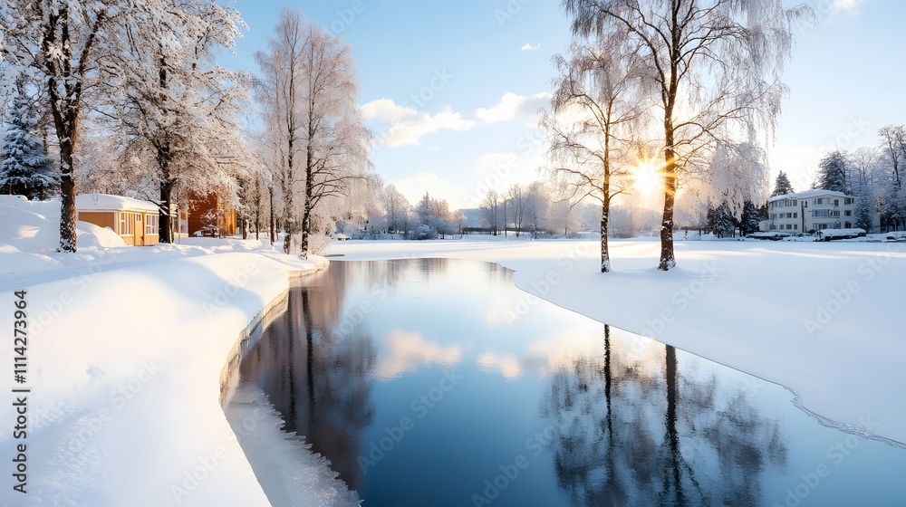 A picturesque frozen lake surrounded by trees with snow-laden branches, capturing the serenity of winter and New Year celebrations A picturesque frozen lake surrounded by trees with snow-laden branches, capturing the serenity of winter and New Year celebrations
