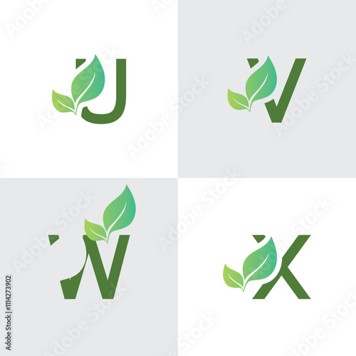 U,V,W,X leaf logo Design Template Vector Graphic Branding Element. Leaf letter U,V,W,X Logo vector Illustration. Plant Logo.