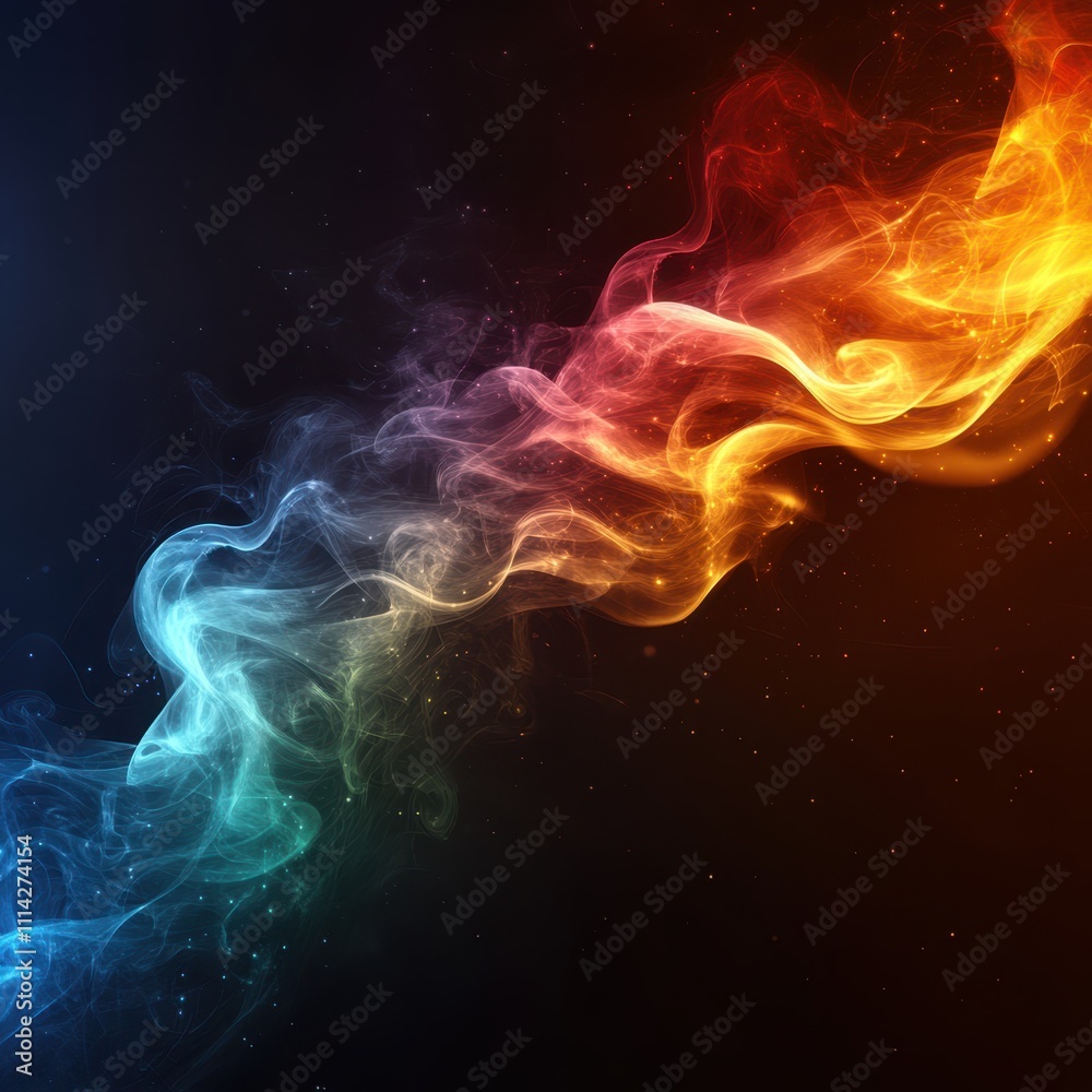 Obraz premium A vibrant swirl of colorful smoke transitions from cool blue to warm orange against a dark background, perfect for use in digital artwork, backgrounds