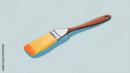 A paintbrush with orange paint rests on a blue background photo