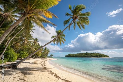 Serene tropical beach scene with leaning palm trees, pristine white sand, and turquoise water under a partly cloudy sky