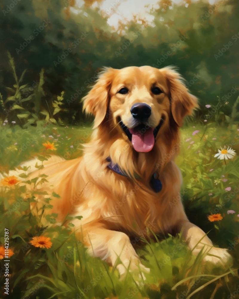Golden Retriever in a Summer Meadow of Blossoms Golden Retriever in a Summer Meadow of Blossoms