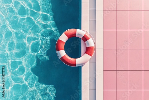 Red and White Life Preserver on Pink-Tiled Outdoor Pool. Minimalist Flat Lay with 3D Rendering Effect.