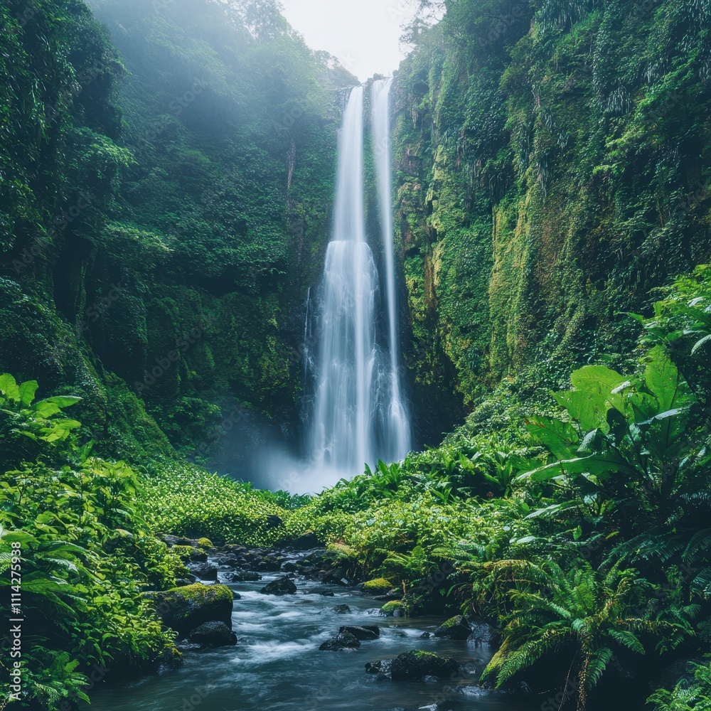 A stunning waterfall cascades down a lush, green cliff, surrounded by vibrant foliage and a serene stream, This image is perfect for nature-themed projects, travel promotions, or meditation spaces, A stunning waterfall cascades down a lush, green cliff, surrounded by vibrant foliage and a serene stream, This image is perfect for nature-themed projects, travel promotions, or meditation spaces,
