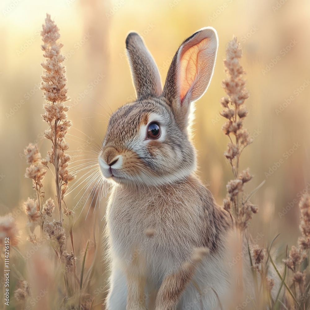 Fototapeta premium A cute rabbit poses amidst tall grasses and soft hues, capturing a serene moment in nature, Perfect for wildlife articles, children's books, or promotional materials highlighting nature themes,