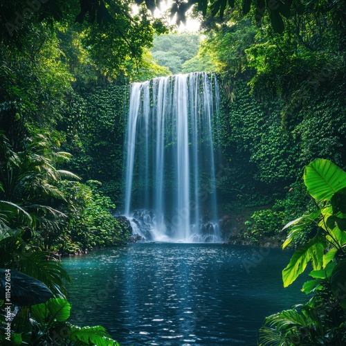 A stunning waterfall cascading into a tranquil pool, surrounded by lush greenery, This serene image can be used for travel, nature, relaxation, wellness, and environmental themes,
