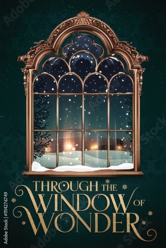 Victorian window with snowy winter wonderland scene for holiday decor