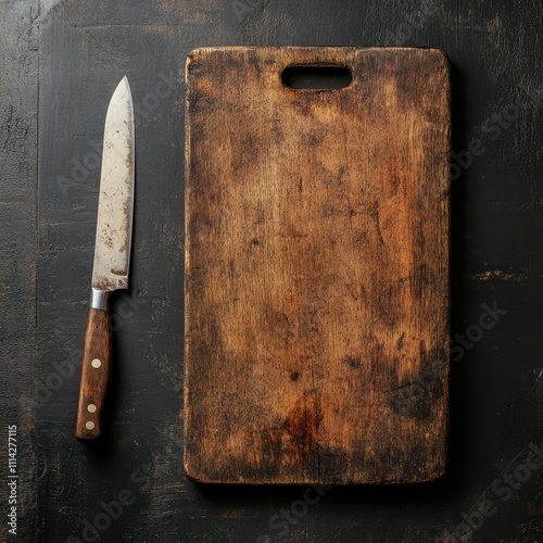 A rustic wooden cutting board paired with a chef's knife creates a warm kitchen ambiance, ideal for culinary blogs, cooking tutorials, or food preparation themes