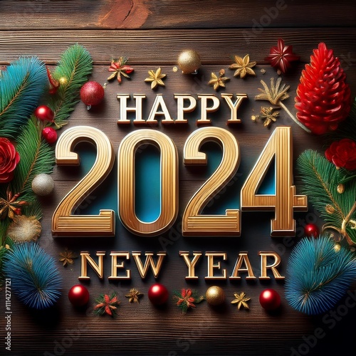 Happy New Year 2024 alphabet letters decoration on wooden background