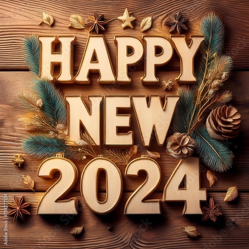 Happy New Year 2024 alphabet letters decoration on wooden background