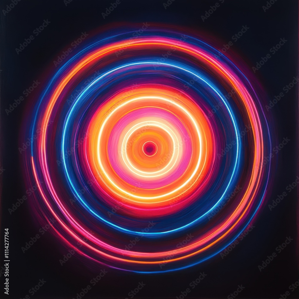 Colorful circular light patterns create a mesmerizing effect against a dark background, ideal for backgrounds, digital designs, or modern art projects, This image evokes energy and motion,
