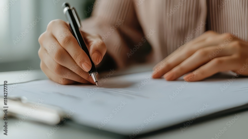 A hand holding a pen writes on a sheet of paper, reflecting focus and attention to detail in a workspace setting. A hand holding a pen writes on a sheet of paper, reflecting focus and attention to detail in a workspace setting.