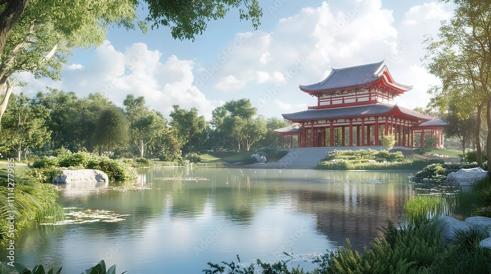 Serene red pagoda nestled beside a tranquil pond in a lush green landscape, bathed in sunlight. Serene red pagoda nestled beside a tranquil pond in a lush green landscape, bathed in sunlight.