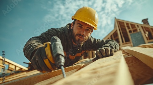 Construction Worker Using A Power Tool On A Roof