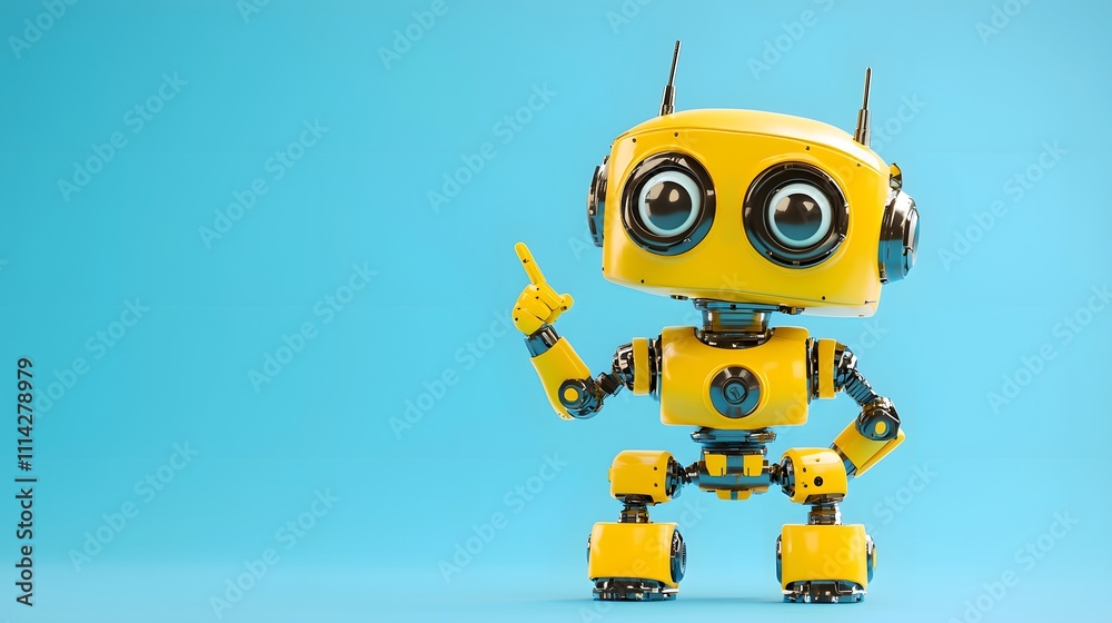 Cute Tiny Yellow Robot with Round Eyes Pointing to the Center, Solid Pale Blue Background for Playful Technology Themes Cute Tiny Yellow Robot with Round Eyes Pointing to the Center, Solid Pale Blue Background for Playful Technology Themes