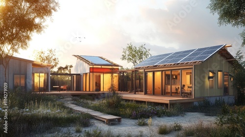 Sustainable modern homes with solar panels at sunset.