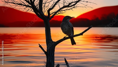 Bird over Sempach lake in sunset light photo