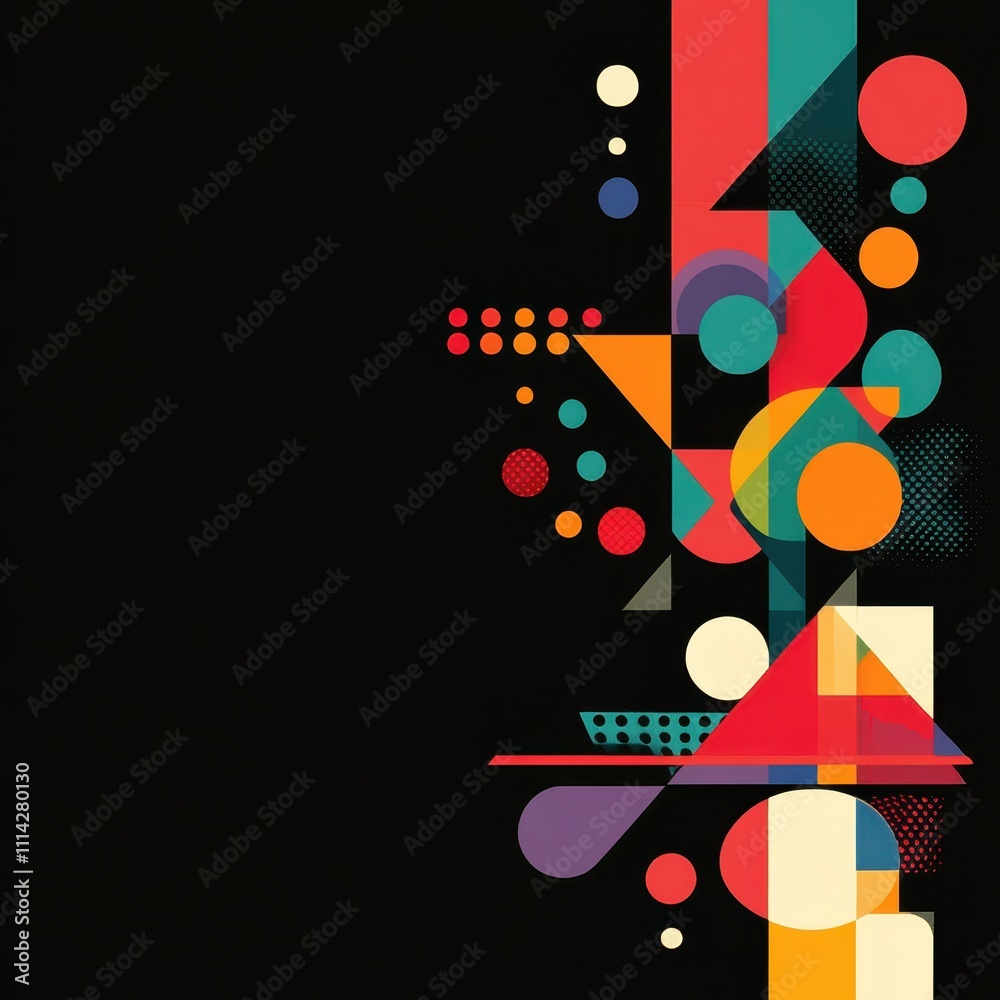 An abstract composition featuring vibrant geometric shapes and colors against a black background, ideal for modern art, graphic design, or digital media projects An abstract composition featuring vibrant geometric shapes and colors against a black background, ideal for modern art, graphic design, or digital media projects