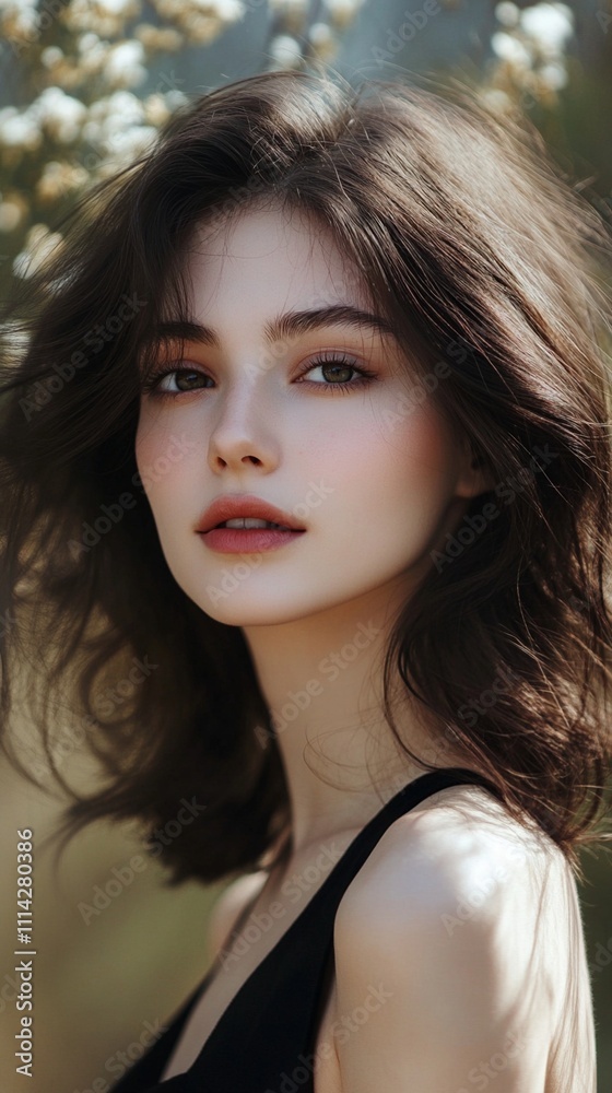 Soft natural sunlight illuminates a portrait showcasing radiant skin, coral-tinted lips, and flowing dark hair against a dreamy bokeh background of golden hour warmth and delicate foliage. Soft natural sunlight illuminates a portrait showcasing radiant skin, coral-tinted lips, and flowing dark hair against a dreamy bokeh background of golden hour warmth and delicate foliage.