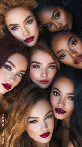 Beautiful diverse faces with flawless makeup and striking burgundy lips showcase different skin tones and features in an artistic beauty portrait celebrating inclusivity and glamour.