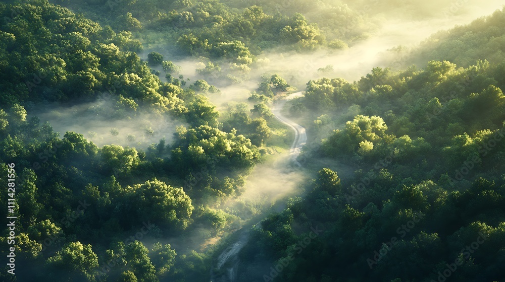 Misty Morning Forest Path Winding Through Lush Green Canopy Misty Morning Forest Path Winding Through Lush Green Canopy