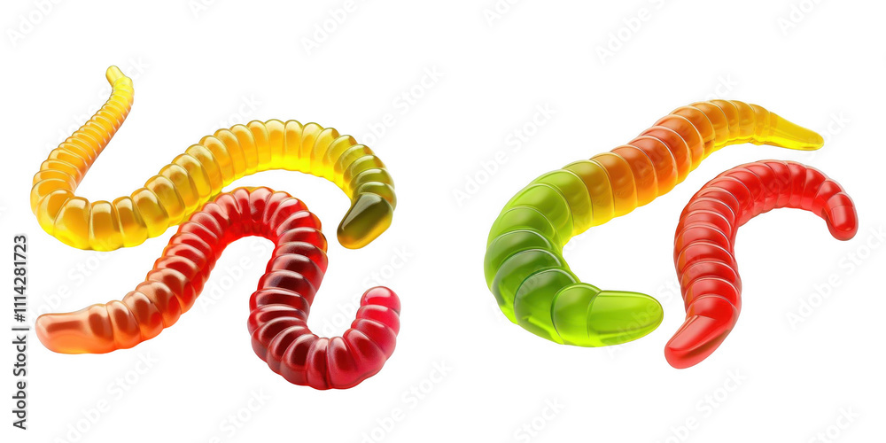 3d render gummy worms isolated on transparent background Cartoon Illustration in plastic style 3d render gummy worms isolated on transparent background Cartoon Illustration in plastic style