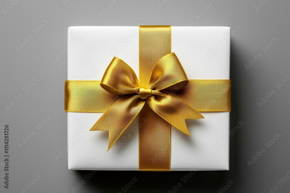 A beautifully wrapped white gift box adorned with a shiny gold ribbon, perfect for celebrations and special occasions. A beautifully wrapped white gift box adorned with a shiny gold ribbon, perfect for celebrations and special occasions.