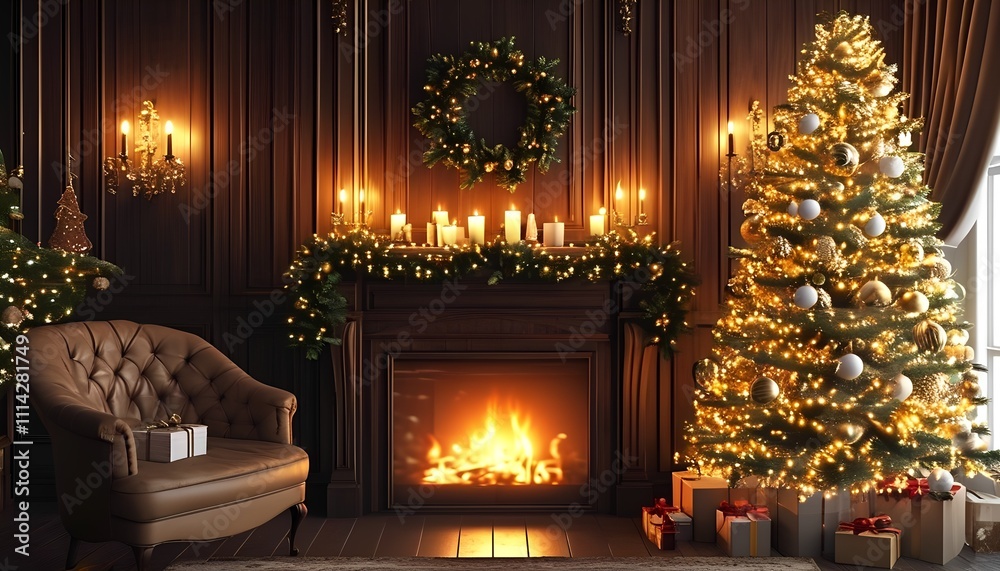 Elegant Christmas living room with a glowing fireplace, decorated tree, and festive wreath
