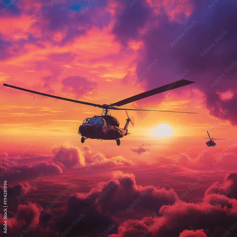 Two Helicopters Soaring Above a Fiery Sunset Sky
