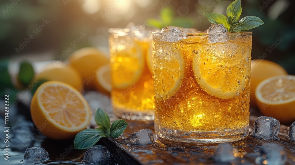 Refreshing glasses of homemade lemonade with fresh mint leaves and ice cubes on a rustic wooden table, surrounded by whole and sliced lemons in a vibrant garden setting. Refreshing glasses of homemade lemonade with fresh mint leaves and ice cubes on a rustic wooden table, surrounded by whole and sliced lemons in a vibrant garden setting.
