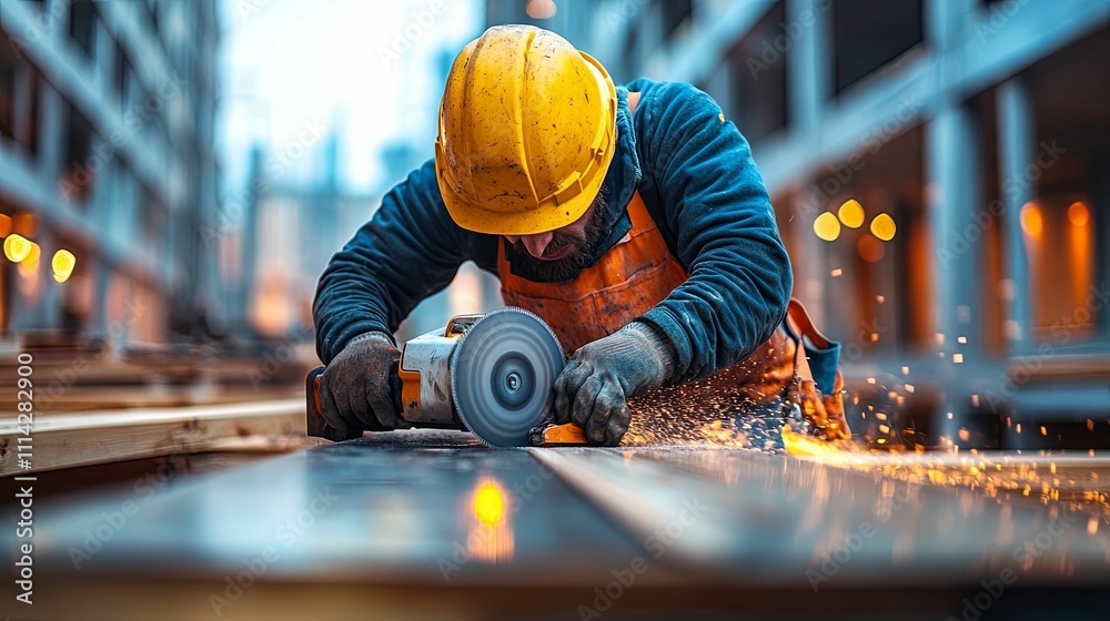 Construction Worker Using Angle Grinder On Metal Construction Worker Using Angle Grinder On Metal