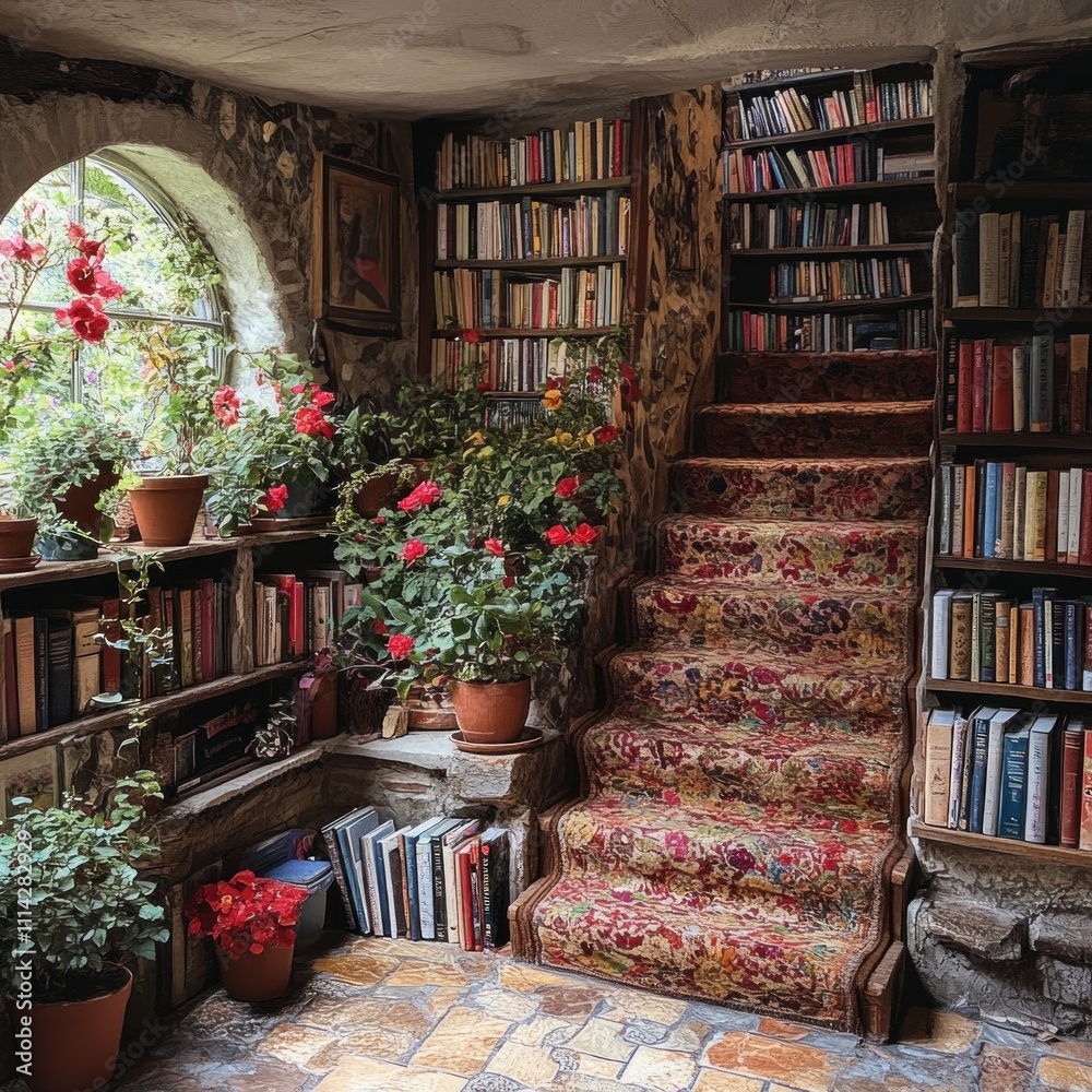 Cozy reading nook with bookshelves, plants, and a staircase adorned with floral carpet. Cozy reading nook with bookshelves, plants, and a staircase adorned with floral carpet.