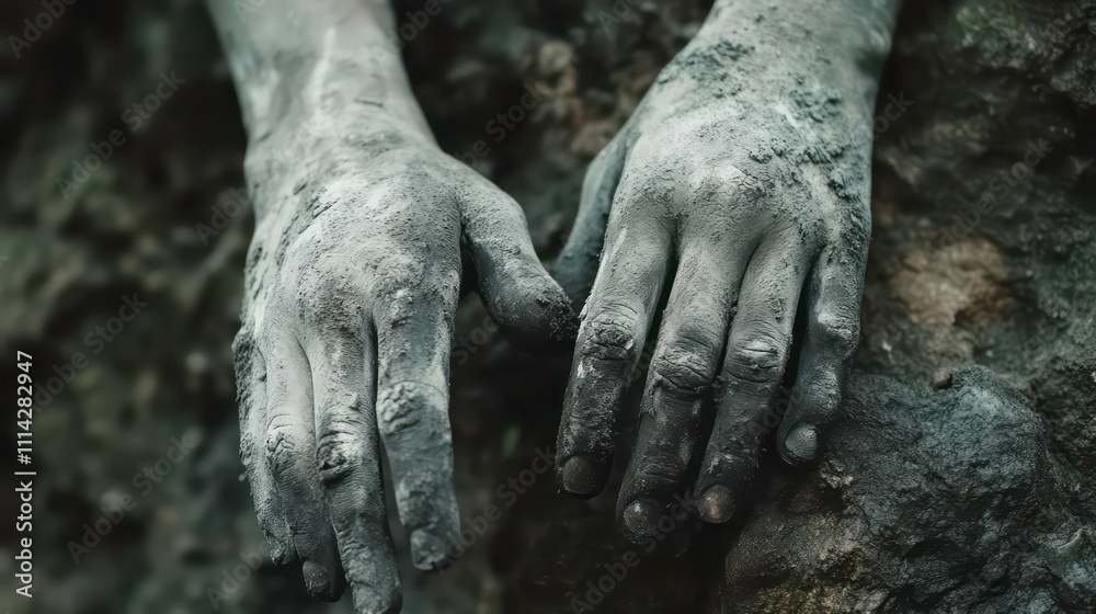 Close-up of two dirty, ashen hands resting on dark, rough ground.