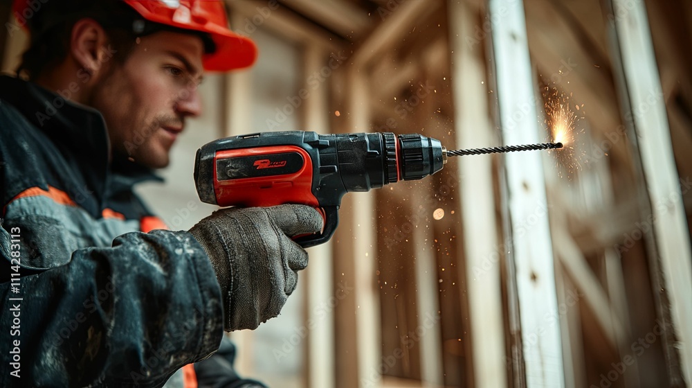 Construction Worker Using Power Drill On Site Construction Worker Using Power Drill On Site