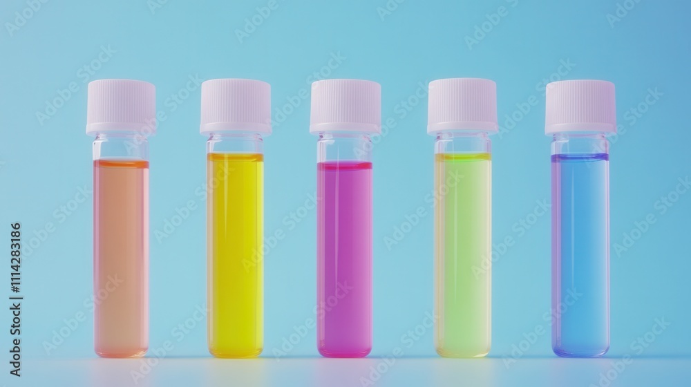 Colorful Test Tubes with Liquid Samples on Blue Background Colorful Test Tubes with Liquid Samples on Blue Background