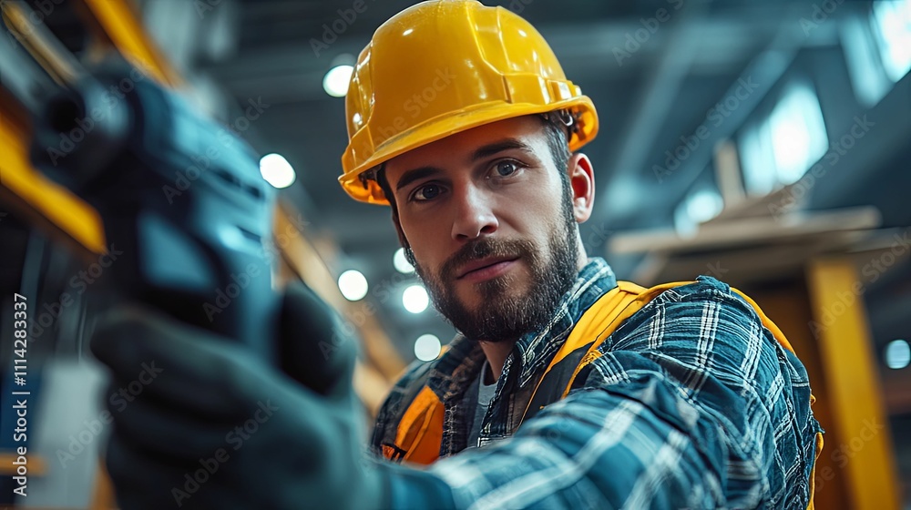 Construction Worker Using Power Drill In Factory Construction Worker Using Power Drill In Factory