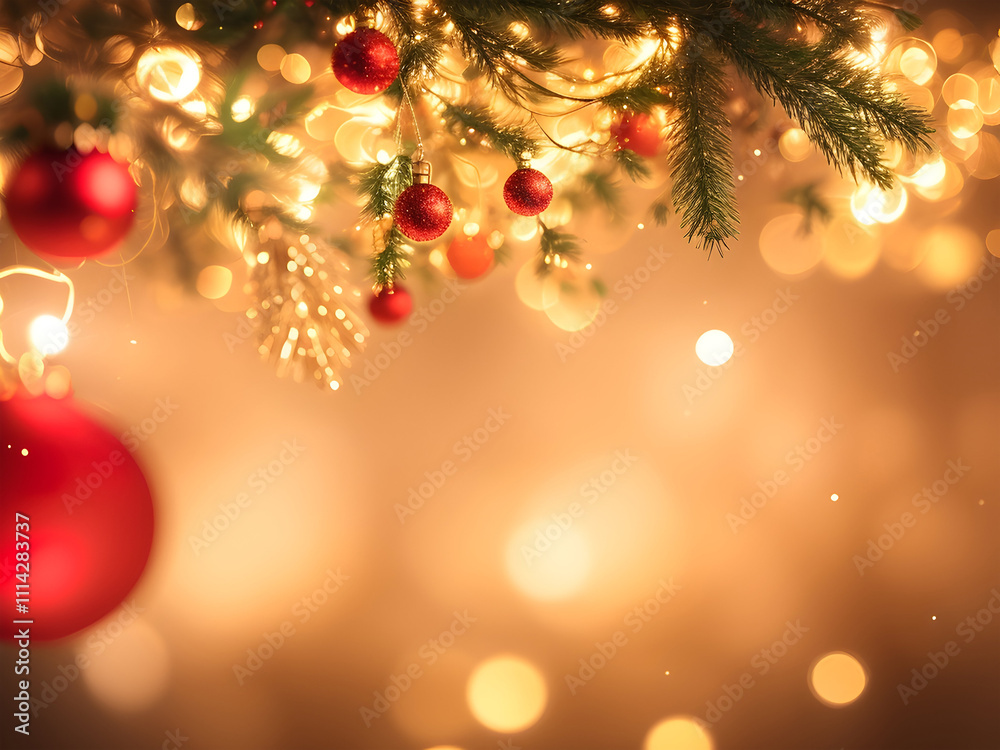 Fototapeta premium 부드럽고 흐릿한 황금빛 보케 배경에 반짝이는 크리스마스 조명이 있습니다. 전면에는 섬세한 빨간색, 녹색, 금색 장식이 보이지 않는 끈에 부드럽게 매달려 있으며, 이미지 전체에 은은한 눈송이가 몇 개 떠 있습니다.