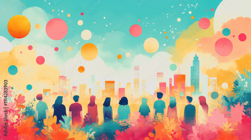 Group of Diverse People Silhouetted Against a Colorful City Skyline with Vibrant Abstract Shapes and Flowers in a Dreamy Atmosphere Group of Diverse People Silhouetted Against a Colorful City Skyline with Vibrant Abstract Shapes and Flowers in a Dreamy Atmosphere