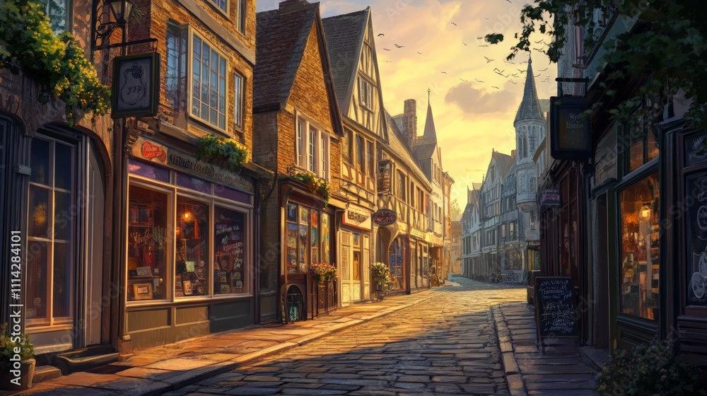 Fototapeta premium Charming historic street scene quaint village digital art evening light perspective view enchantment and serenity