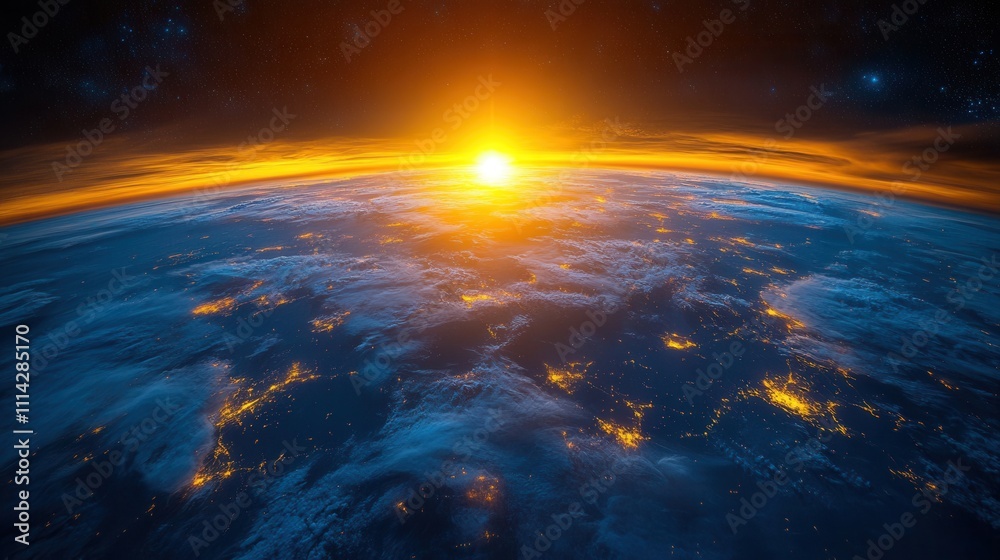 Stunning Sunrise Over Earth from Space with Dramatic Cloud Patterns Stunning Sunrise Over Earth from Space with Dramatic Cloud Patterns