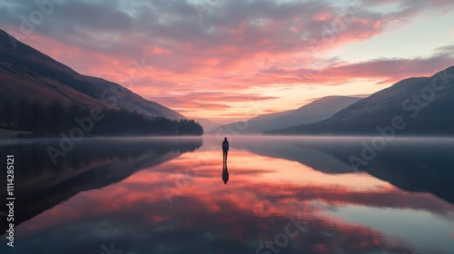Majestic sunrise reflecting on calm lake with lone figure in serene landscape of mountains and sky