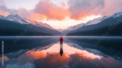 Person stands at the edge of a tranquil lake surrounded by mountains during sunset