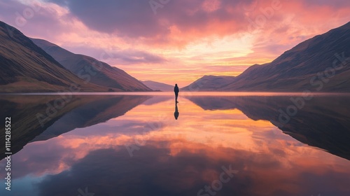 Serene sunset reflection over a tranquil lake in the mountains