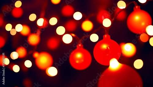 Red-orange trendy festive background of blurry Christmas lights 